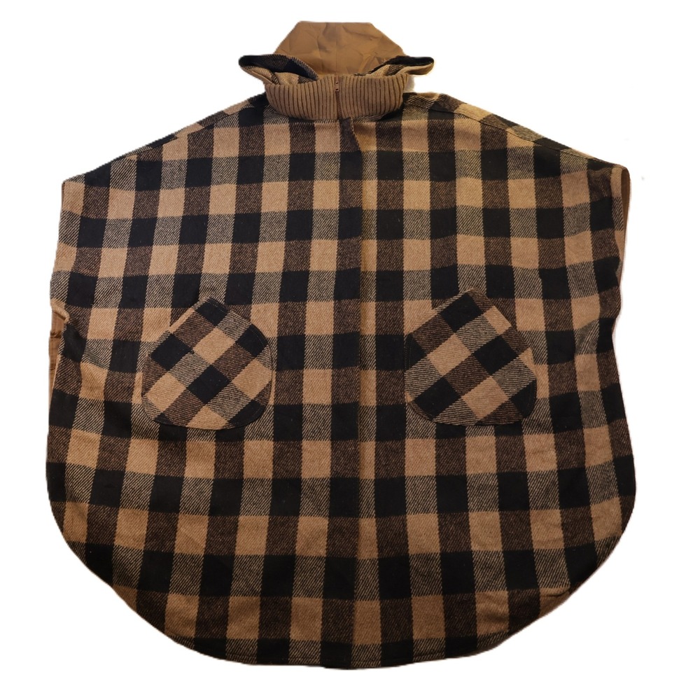 RainShedder Womens L Poncho Brown Buffalo Plaid Reversible Hooded Cape Vintage